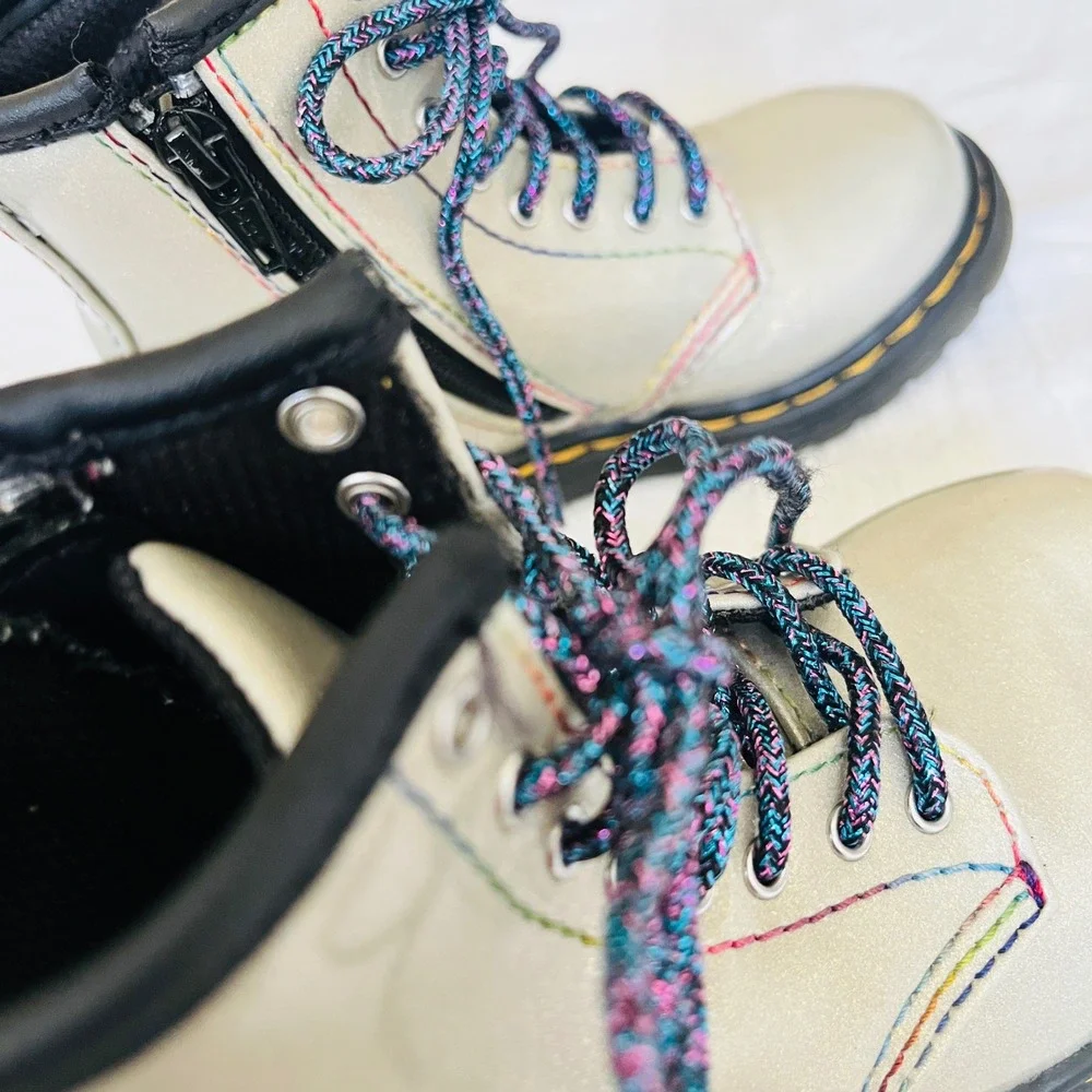 Dr. Martens 1460 T Toddler Sparkle Rays Boots Silver Rainbow Lace Up Size 7 US